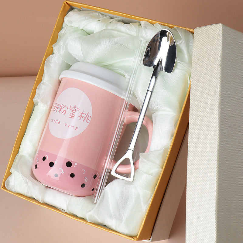 Fashion Personality Ceramic Mug With Lid And Straw Spoon