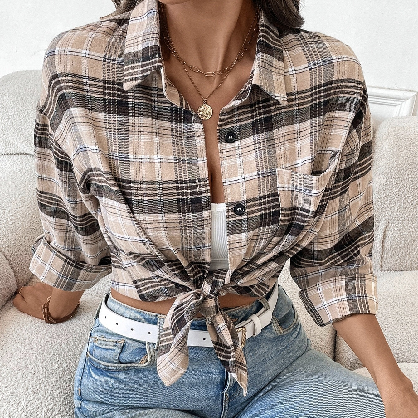 Ladies' Long Sleeved Casual Street Patchwork Pocket Versatile Button Checkered Shirt