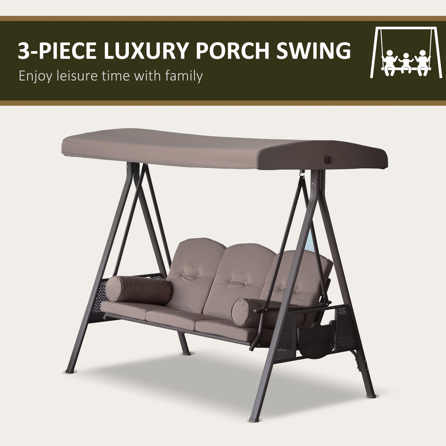 Patio Swing Bench 3-Person Steel Canopy Cushioned With Side Trays Comfortable Brown