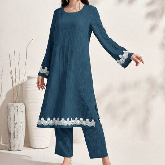 Ladies' Decal Slit Hem Top, Loose Casual Pants, Solid Color Pants Set