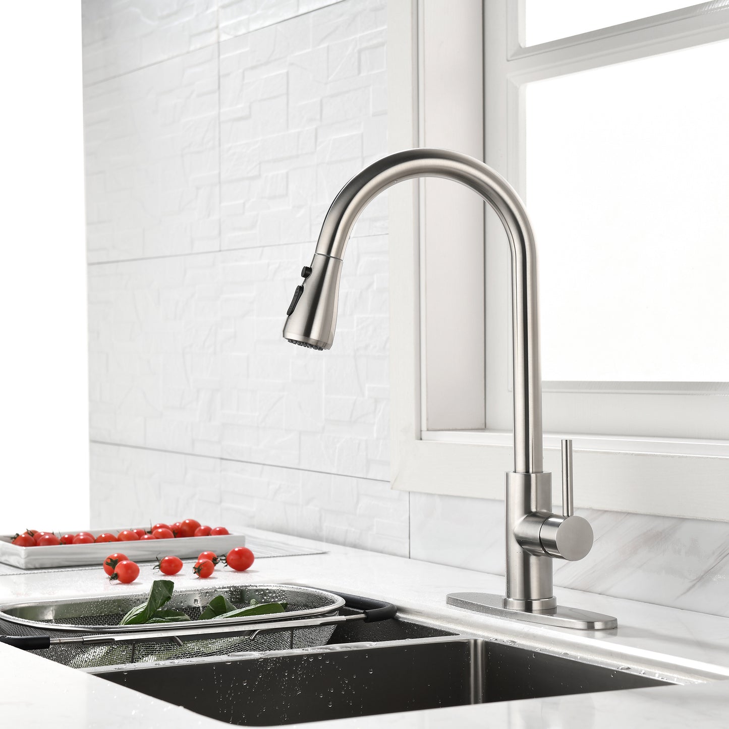 Single Handle High  Pull Out Kitchen Faucet, Single-stage Stainless Steel Kitchen Sink Faucet, With Pull Down Spray
