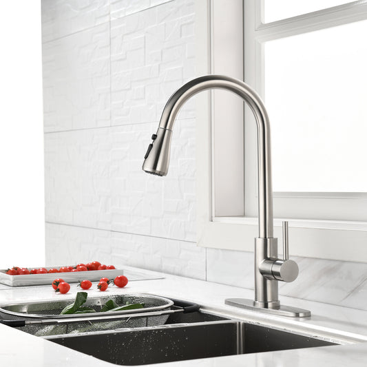 Single Handle High  Pull Out Kitchen Faucet, Single-stage Stainless Steel Kitchen Sink Faucet, With Pull Down Spray