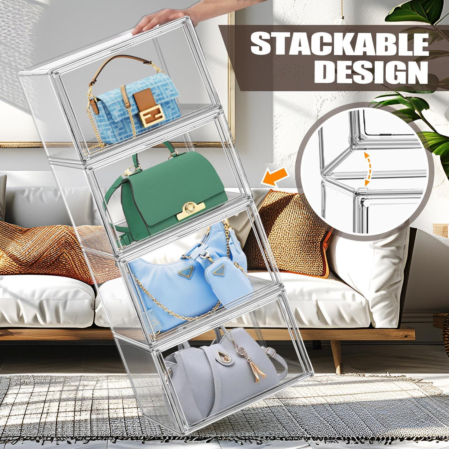 Oversized Transparent Acrylic Display Box Handbag Wardrobe Storage Stackable Shoe Box With Lid