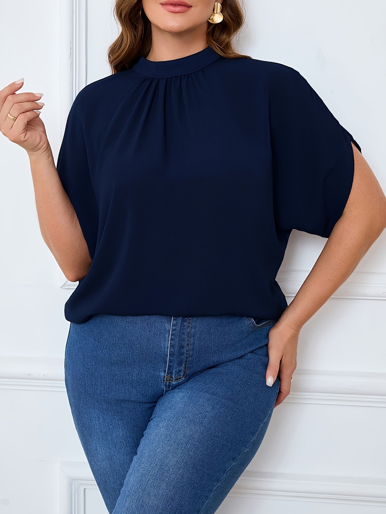 Women's Plus Size Batwing Blouse - Fashionable Casual With Tie & Cutout Details, Comfortably Loose Solid Color Top
