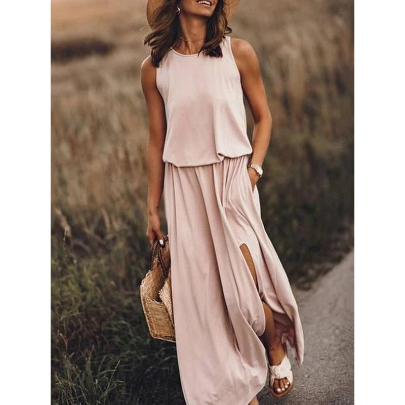 Women's Maxi Dress Summer Sleeveless Crewneck Sundress Casual Loose Long Dresses With Pockets