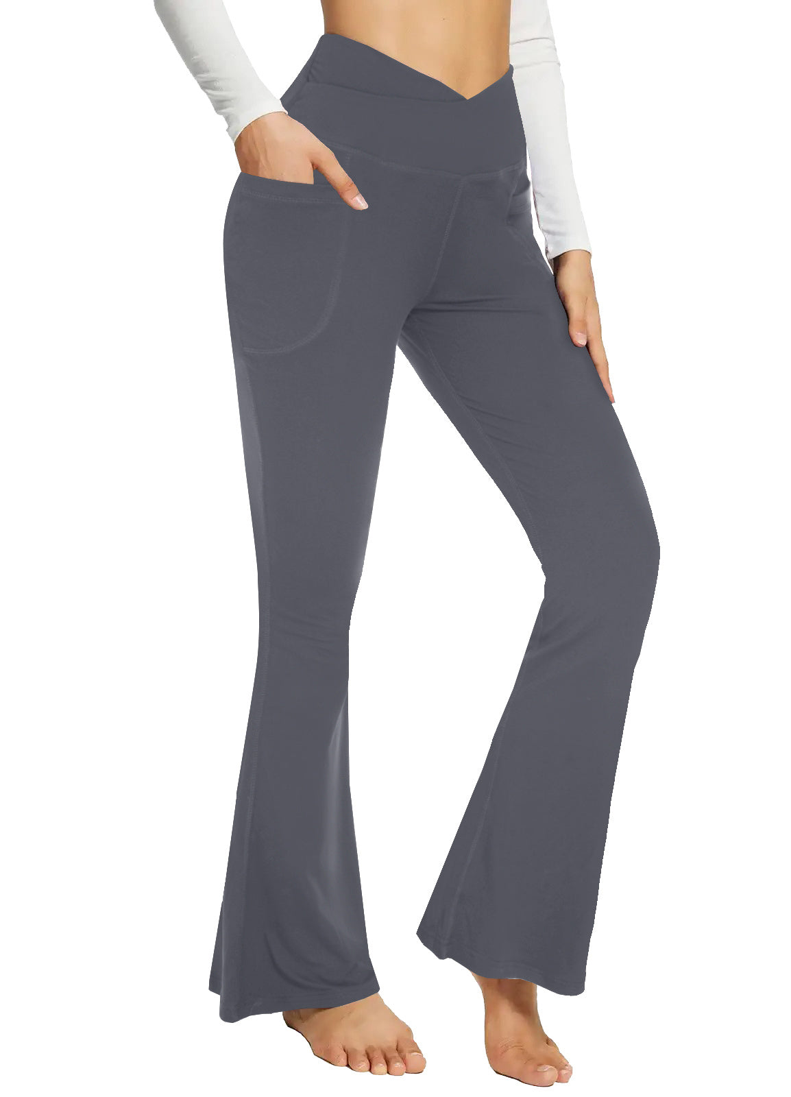 Flare Leggings For Women With Pockets - Crossover High Waisted Black Flared Leggings For Yoga Gym Workout