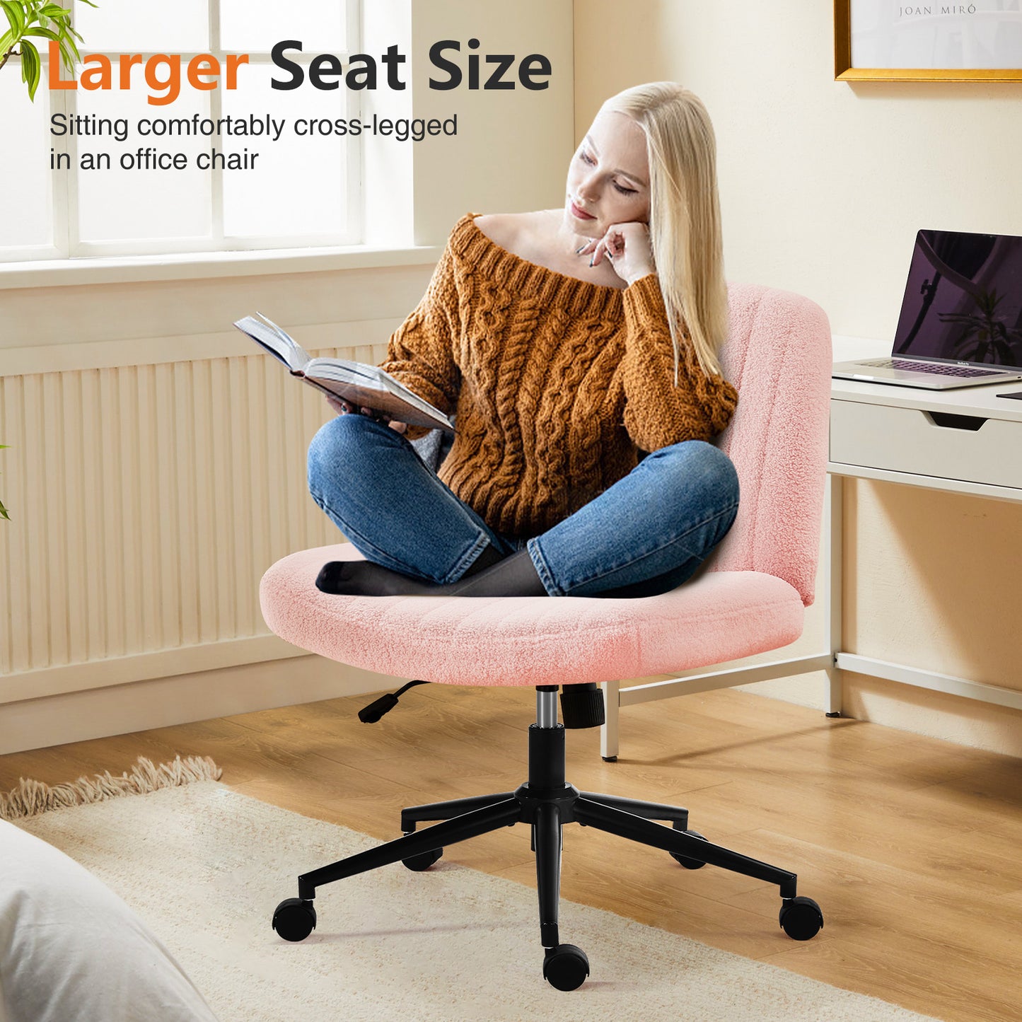 Office Desk Vanity Chair Cross Legged Armless Swivel Fabric Height Adjustable Wide Seat With Replaceable Wheels-Fixed Base, Comfy Task Chair Padded