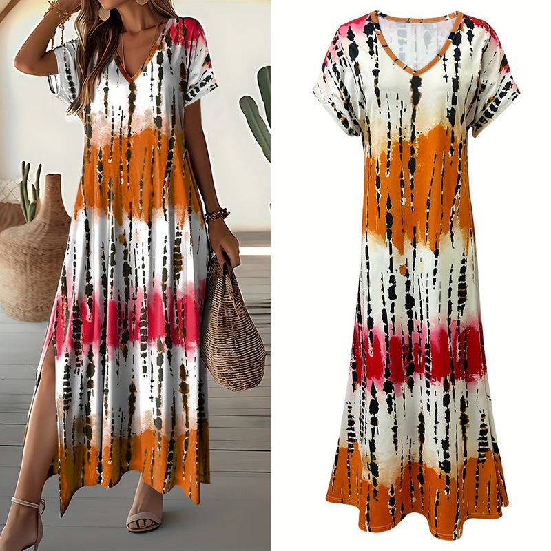 Women's Summer Tie Dye Maxi Dress Short Sleeve V Neck Casual Loose Long Split Dresses