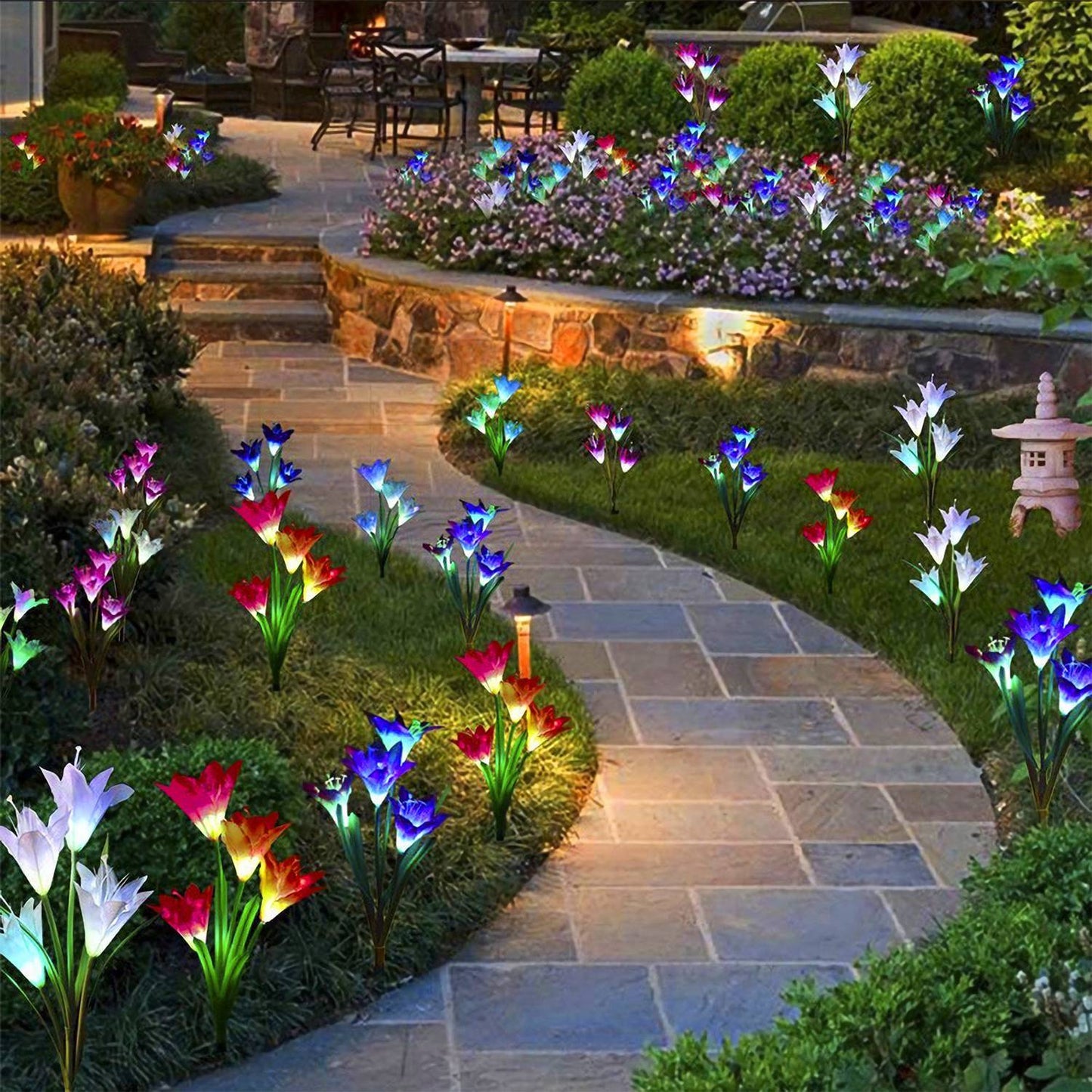 2Pcs Solar Pathway Lights Outdoor Lily Flower 7-Color Changing IP65 Waterproof For Garden Patio Yard Walkway