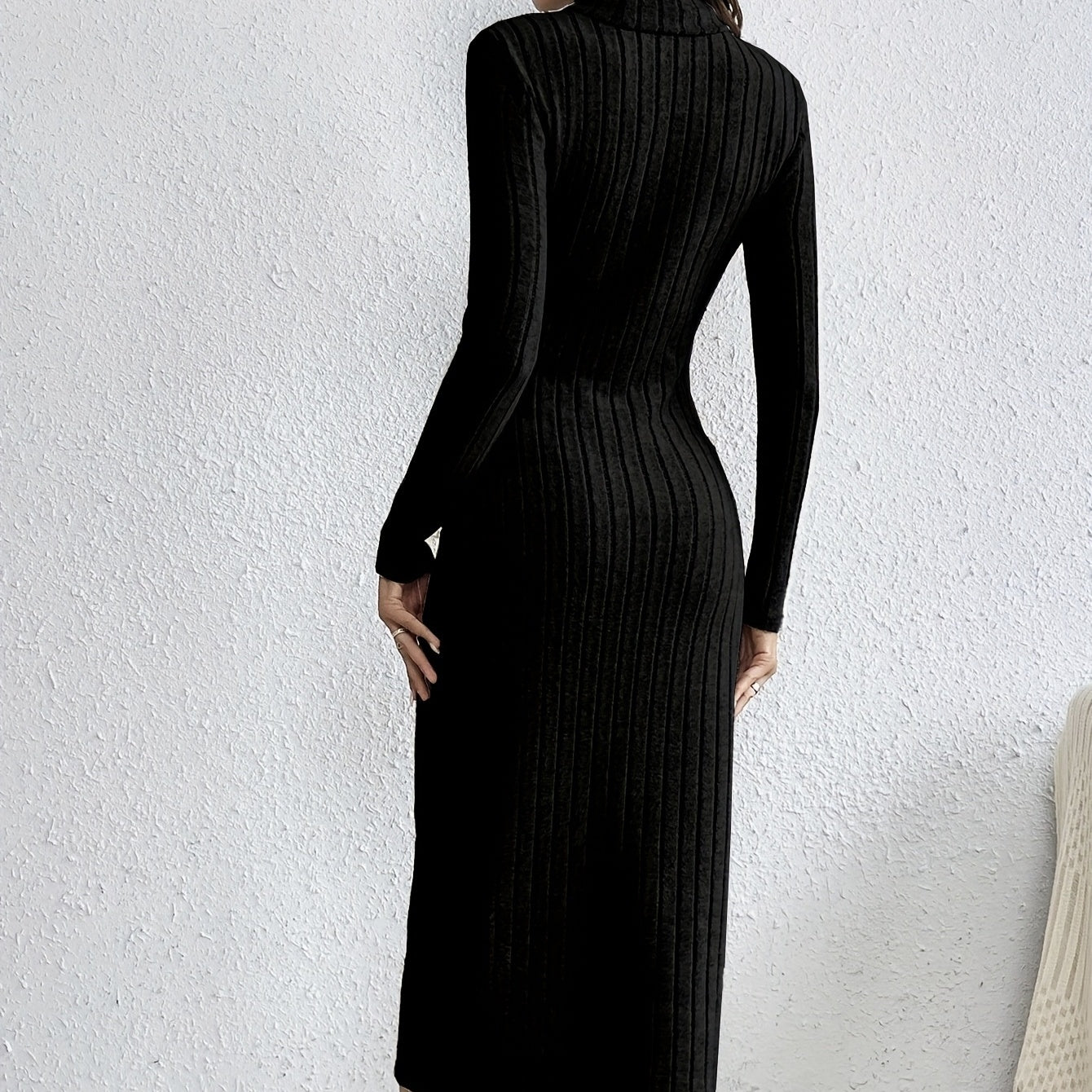 Ladies' Solid Color Long Sleeved High Neck Dress With Ribbed Details And Side Slit Button Decoration Dress