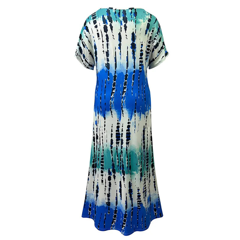 Women's Summer Tie Dye Maxi Dress Short Sleeve V Neck Casual Loose Long Split Dresses