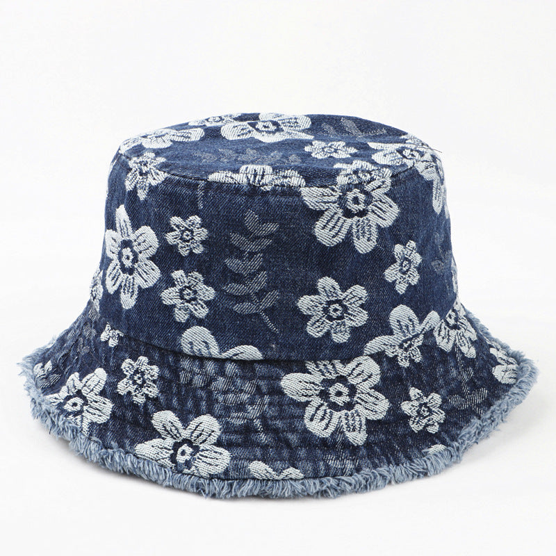 Flower Embroidered Denim Bucket Hat Korean Washed-out Distressed