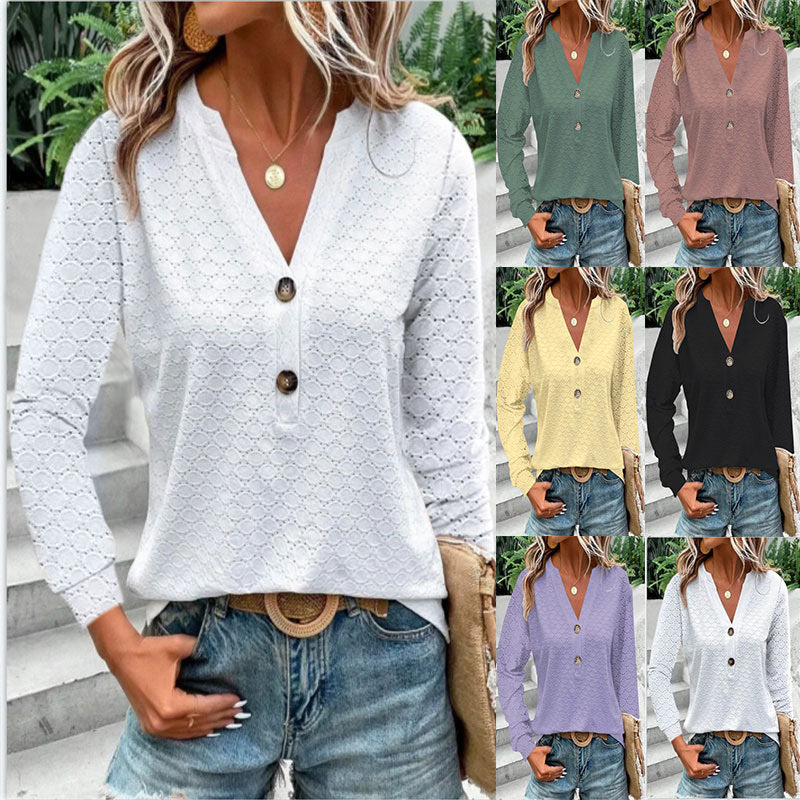 Women's Long Sleeve Shirts Dressy Casual Button V Neck Tops Loose Fit Trendy Fall Clothes