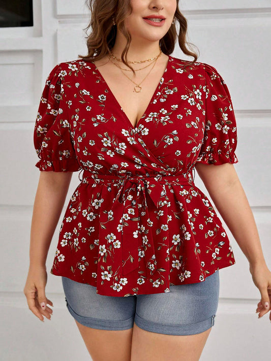 Women's Plus Size Summer Elegant V-Neck Floral Blouse - Office & Vacation Top With Belt