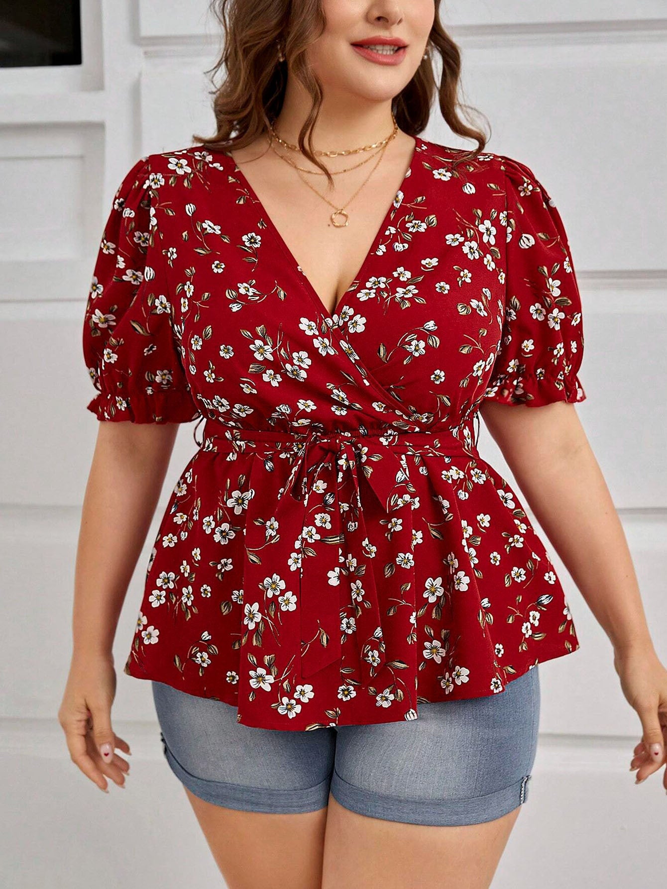 Women's Plus Size Summer Elegant V-Neck Floral Blouse - Office & Vacation Top With Belt