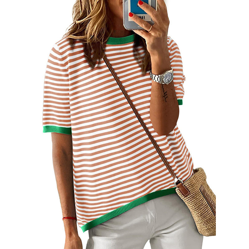Womens Tops Casual Summer Crewneck Short Sleeve Striped Color Block Trendy Pullover Sweaters
