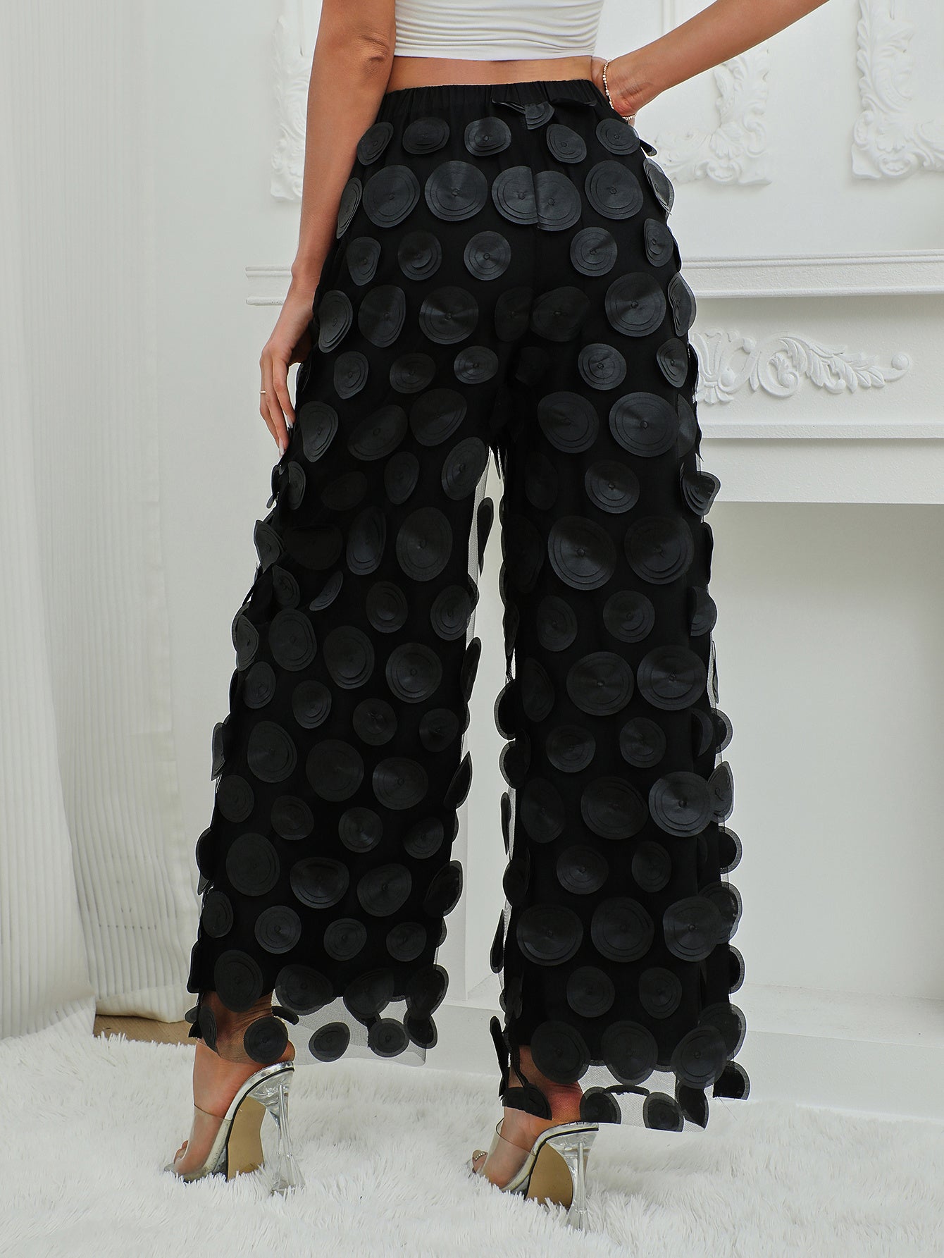 Fashionable Temperament Round Piece Design Tassel Hollowing High Waist Straight Ladies Pants