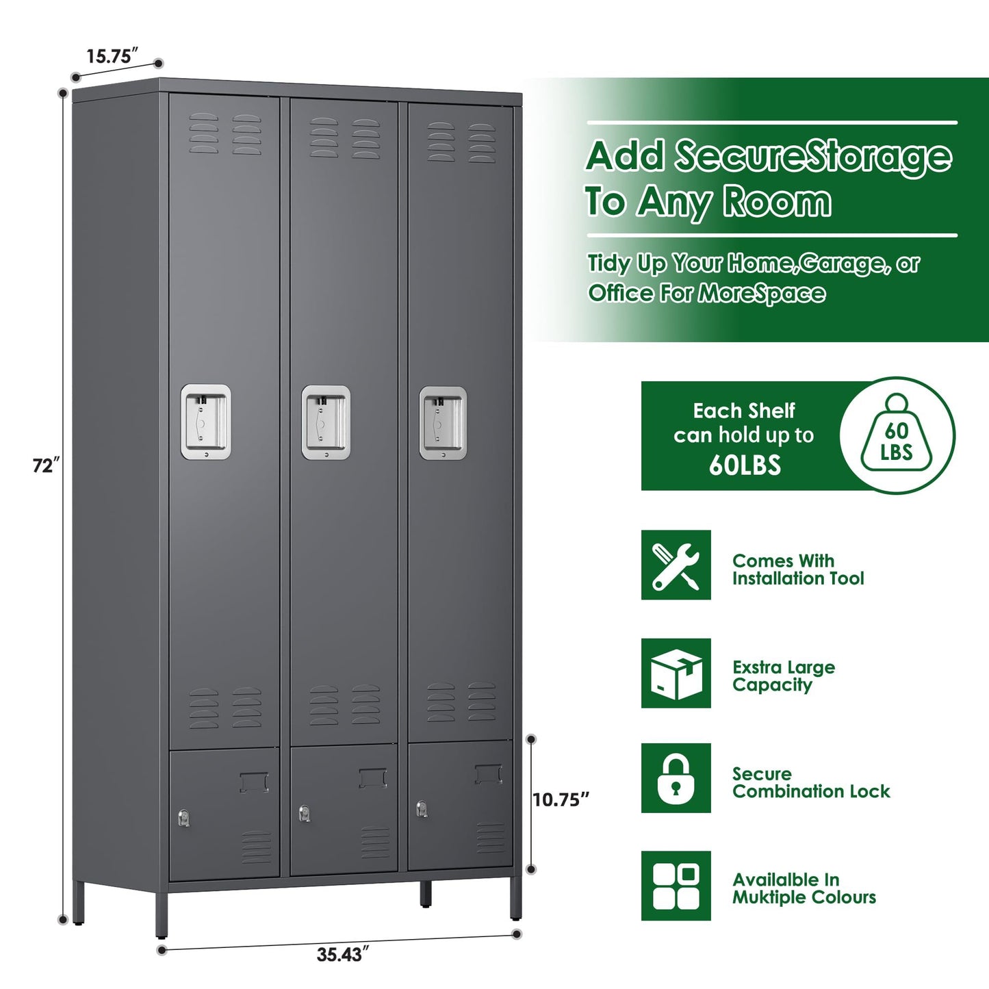Metal Storage Locker With 3 Big Doors & 3 Small Doors, Lockers For Employees With Hooks For School Garage Office Gym Bedroom,Assembly Required,Dark Grey