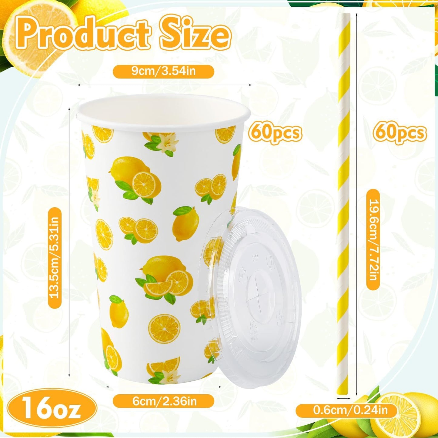 180pcs Lemonade Paper Cups With Lids And Straws 16oz Disposable Cups For Lemon Stand Supplies Summer Party Hot Cold Beverage,Amazon Is Banned,654-10328-G13
