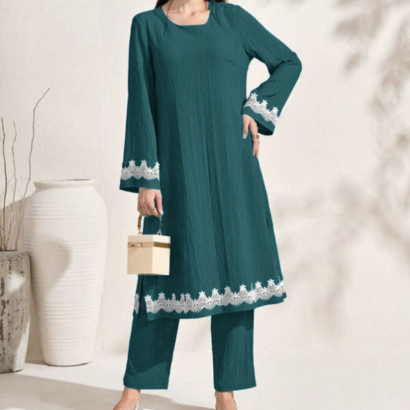 Ladies' Decal Slit Hem Top, Loose Casual Pants, Solid Color Pants Set