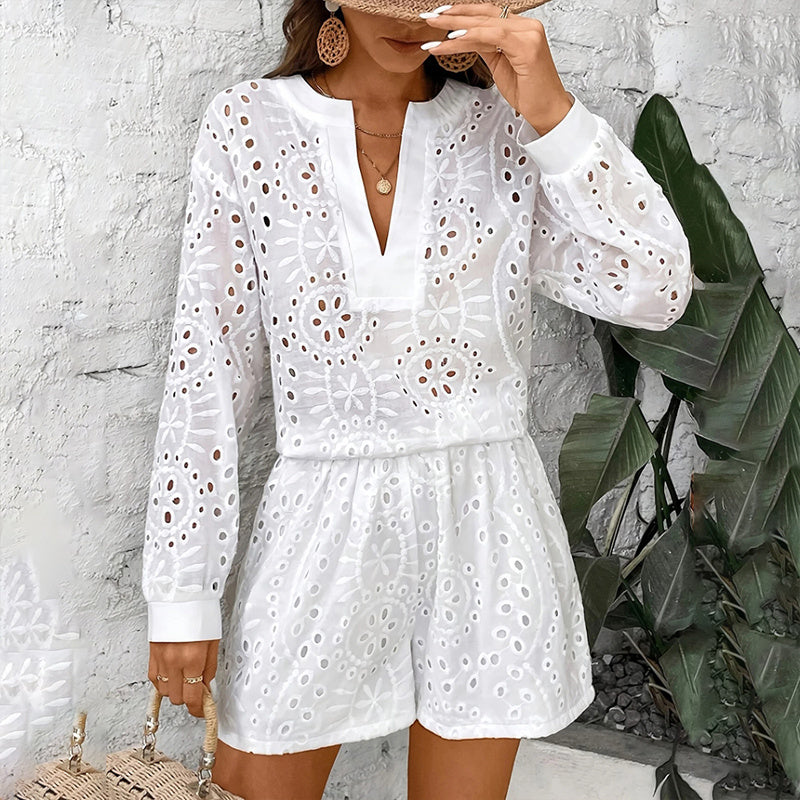 Women's Solid Color Elegant V-Neck Lace Long Sleeve Blouse & Shorts Set - Summer Casual Minimalist Outfit