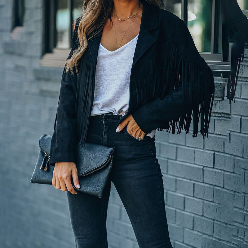 Women's Notched Collar Open-Front Fringed Jacket Casual Faux Suede Tassel Motorcycle Cropped Jacket