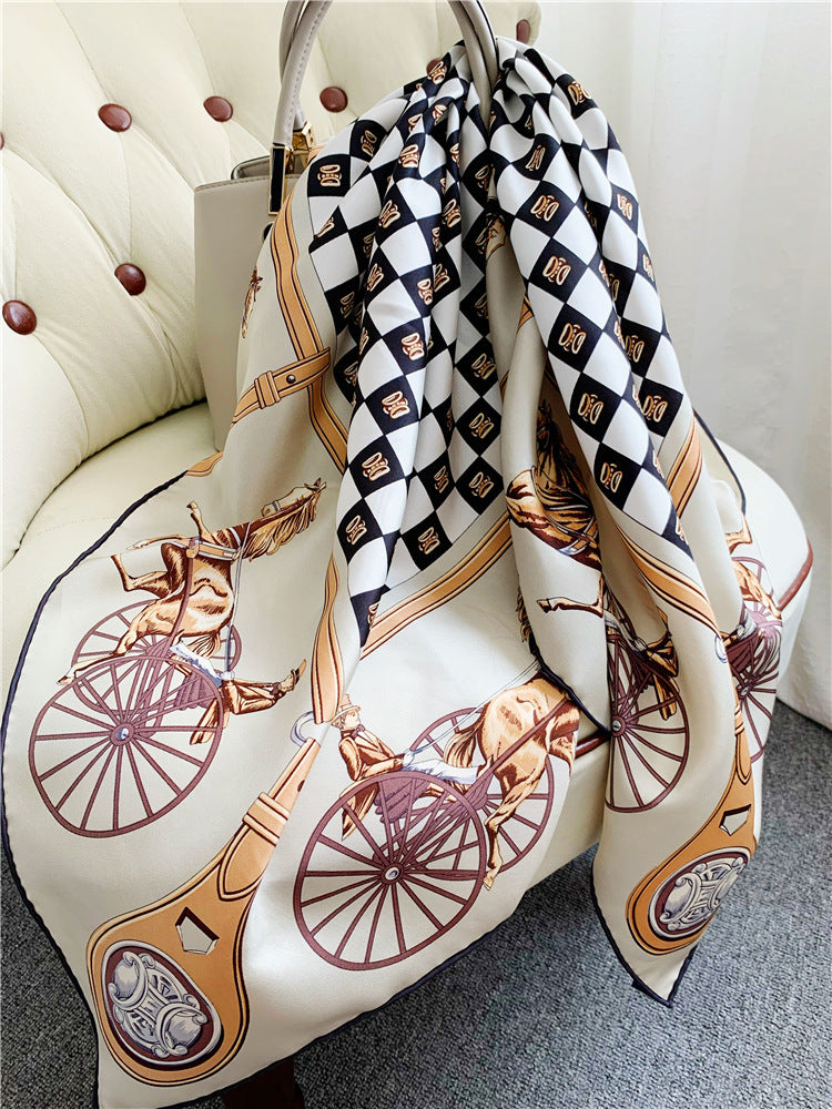 Classic Carriage Silk Twill Large Square Scarf Shawl Elegant Temperament