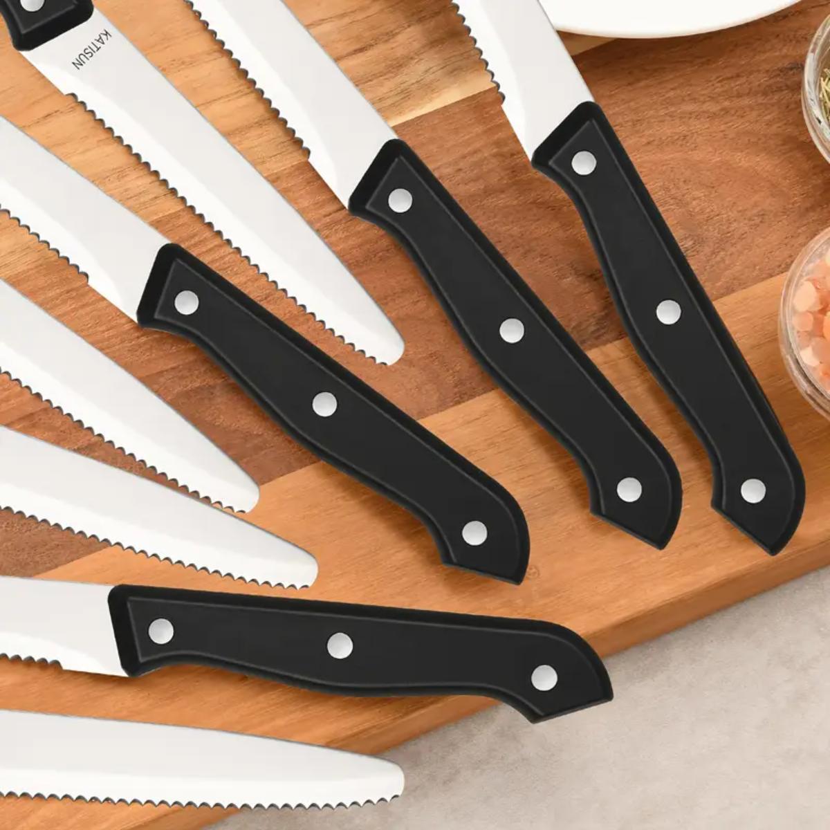 12-piece Set Of Serrated POM Triple Rivet Handle Steak Knives, Dishwasher Safe, Suitable For Home Parties And Restaurants