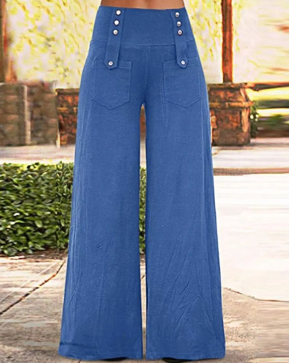 Ladies' Solid Color Button Design Fashionable Casual Pants