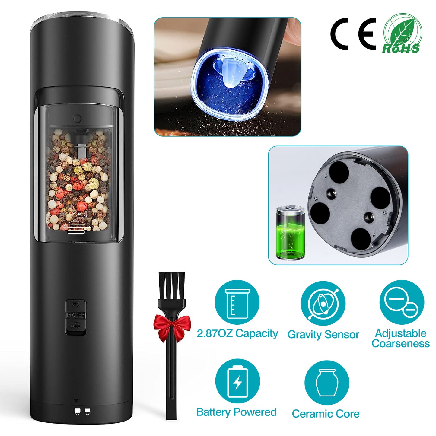 Electric Salt And Pepper Grinder Automatic Gravity Sensor Battery Powered Salt Mill LED Indicator Adjustable Coarseness One Hand Easy Operation