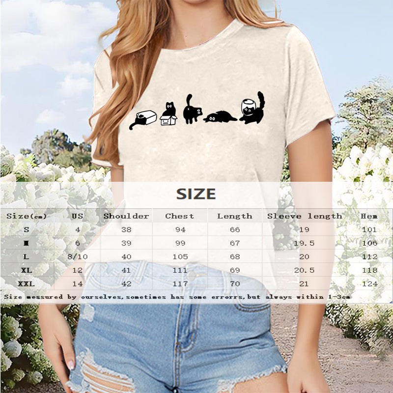 Women's Round Neck Short Sleeve Casual Summer Top With Playful Cat Print