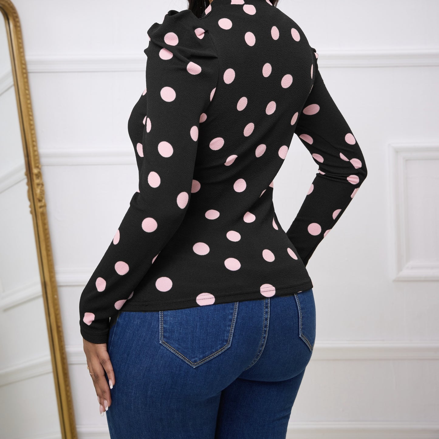 Ladies' Polka Dot Print Slim Fit Figure Enhancing Basic Versatile Elegant T-shirt