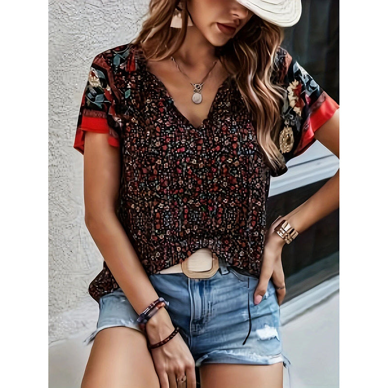 Women's Casual Short Sleeve Shirts Summer Boho Printed V Neck Drawstring Tunic Blouses