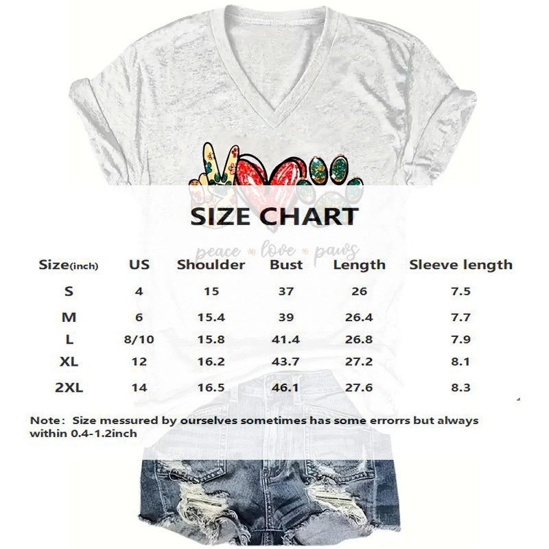 Women's V-Neck Short Sleeve Tee With Scissor Hands & Heart & Paw Prints - Summer Casual T-Shirt