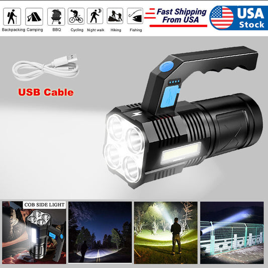 LED Flashlight USB Rechargeable Torch COB Spotlight Camping Light High Lumens Emergency Lamp 4 Modes Waterproof Work Light