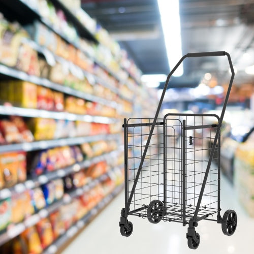 Shopping Cart With Open Door,Grocery Cart On Wheels, Foldable Utility Shopping Carts With Double Basket And 360  Rolling Swivel Wheels For Groceries Laundry