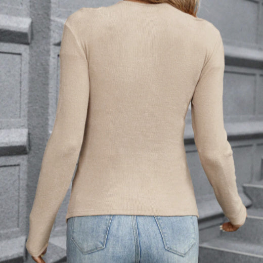 Women's Solid Color Cross Neck Hollowed Out Collarbone Versatile Fashion Bone Feeling Slim Fit Long Sleeved T-shirt Top