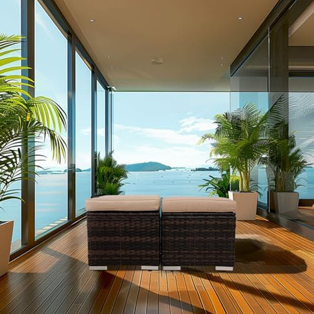 2 Wicker Ottomans, Multipurpose Outdoor Furniture For Patio, Backyard, Additional Seating, Footrest, Side Table With Storage, Removable Cushions