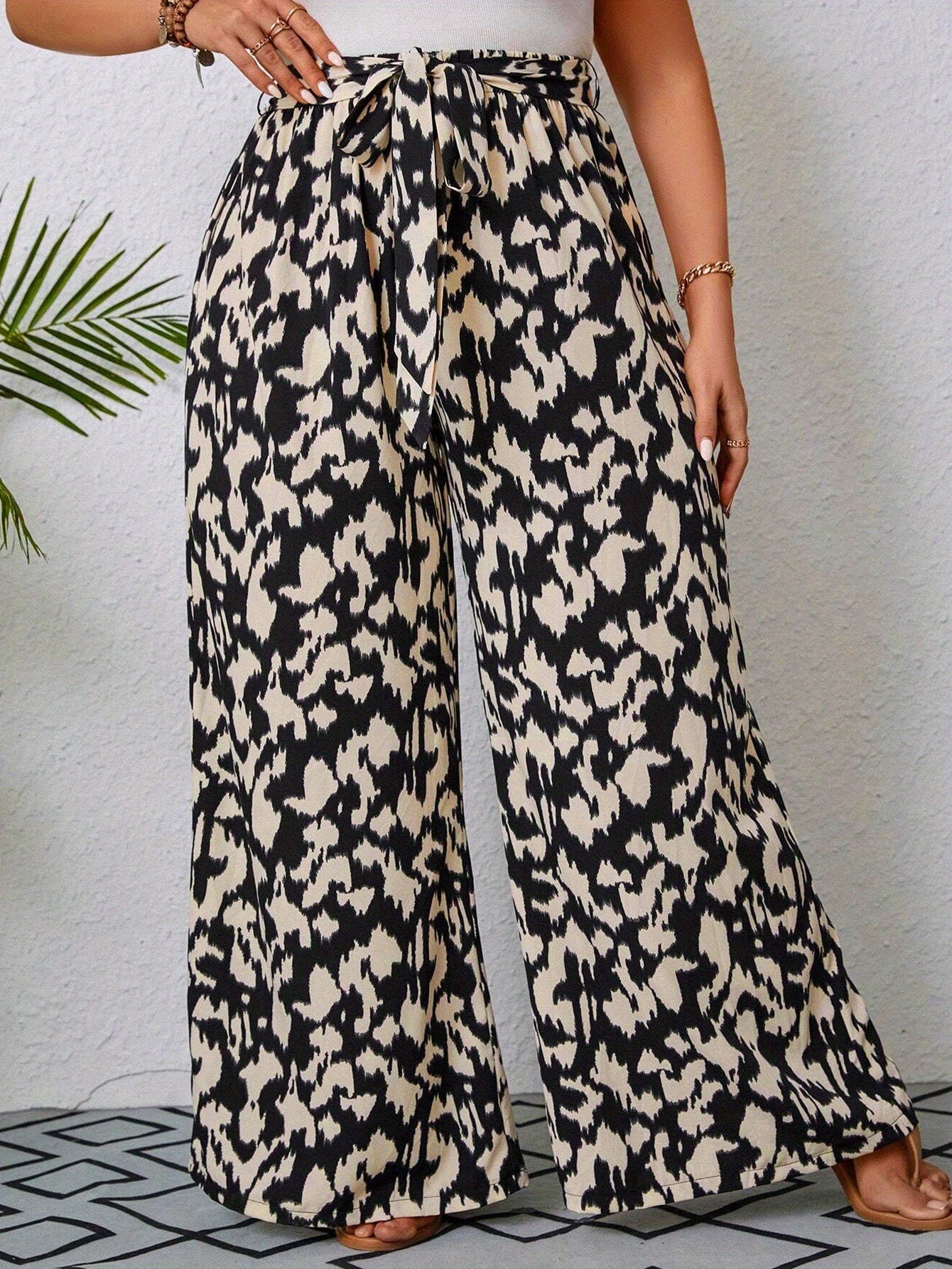 Women's Plus Size Printed Wide-Leg Pants - Summer Casual Elastic Waist Long Trousers With Belt