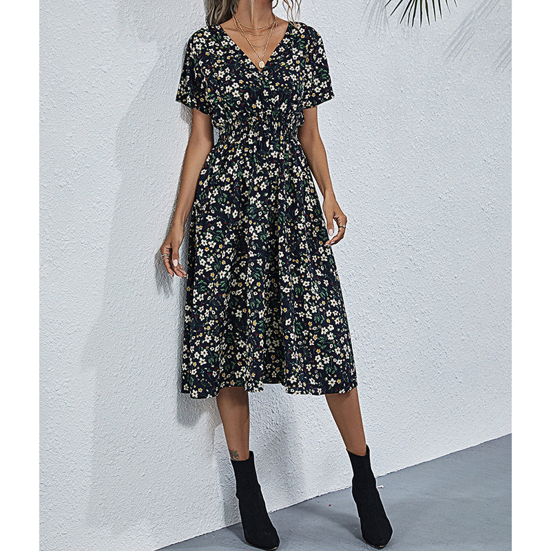Womens Summer Dresses Boho V Neck Floral Print Short Sleeve Mini Dress Cute Smocked Waist Short Dress