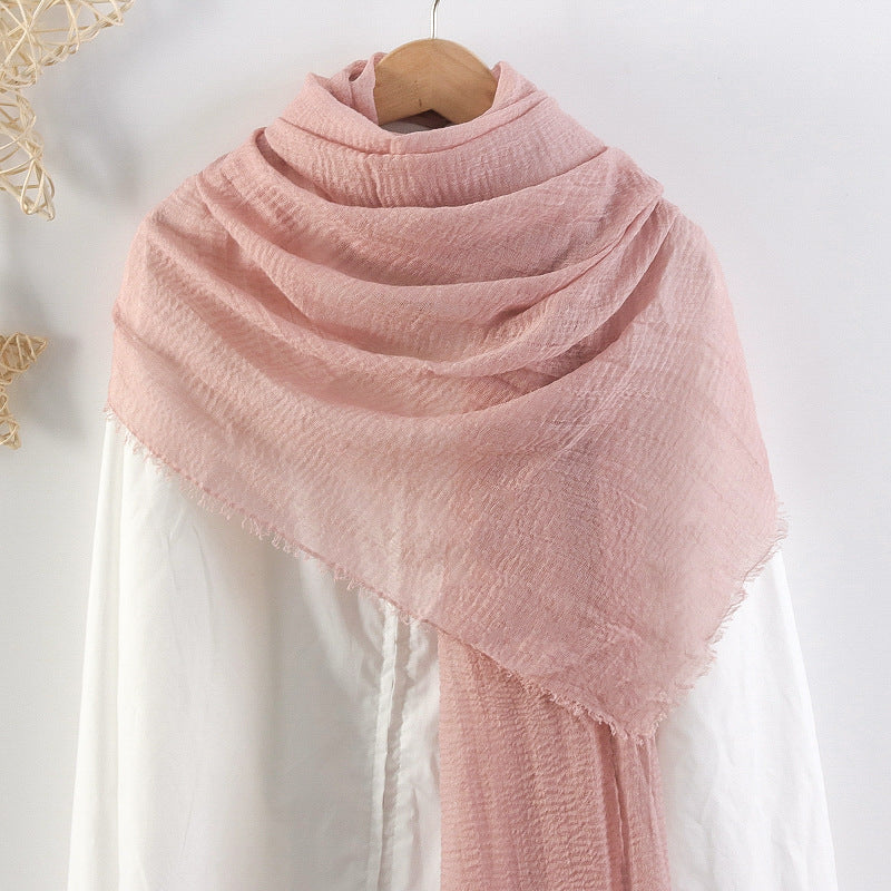 Solid Color Pleated Cotton And Linen Scarf Monochrome Women's Hair Towel Crumpled Burrs