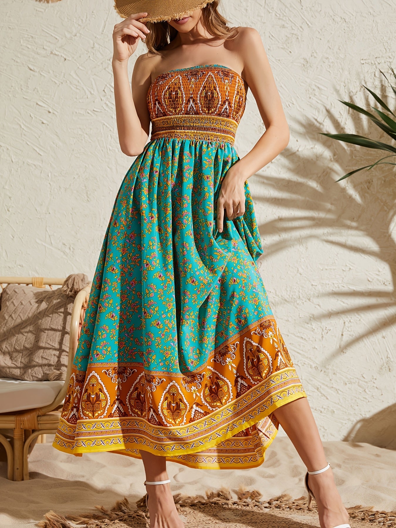 Women's Sexy Strapless Printed Dress - Elegant Off-Shoulder Maxi Vacation Dress