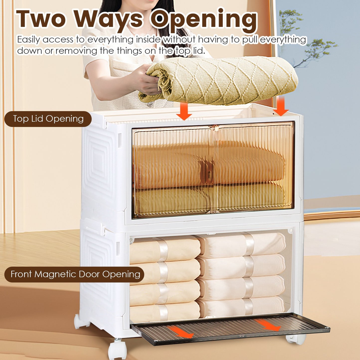 4Pc Foldable Storage Bins With Lid Front Magnetic Door Collapsible Stackable Closet Organizer Containers With 4Pcs 360 Degree Rotatable Wheels