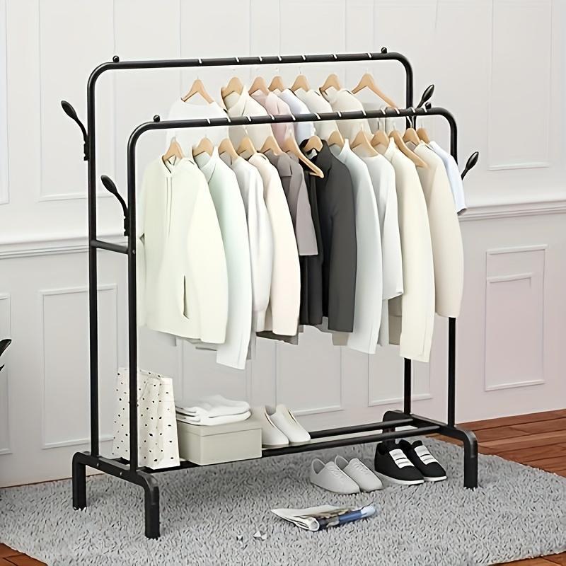 Multifunctional Double Pole Clothes Drying Rack, Double Row Metal Material, Portable Black And White Iron Art, Wardrobe Organization, Retail Display, Suitable For Bedside
