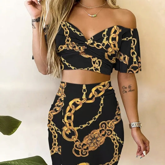 Women's Chain Low Neck Open Belly Half Skirt Set