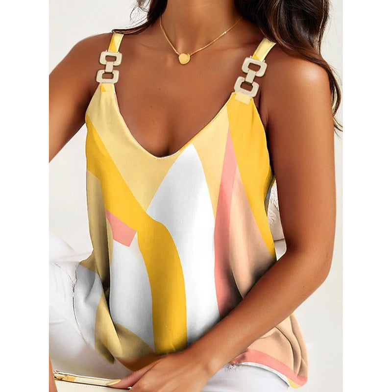 Summer Tank Tops For Women V Neck Chain Straps Sleeveless Top Loose Fit Casual Stripe Shirts Blouse