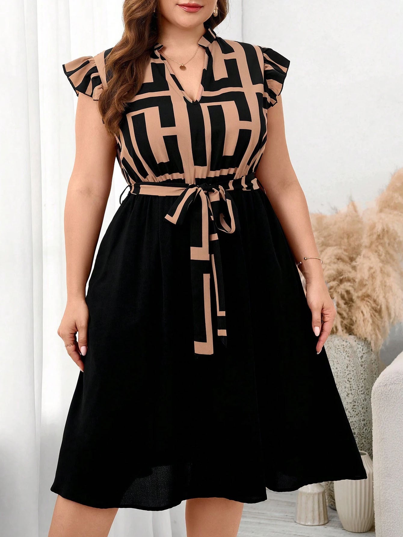 Women's Plus Size Printed Midi Dress - Summer Casual V-Neck Ruffled Sleeve Paneled Dress With Belt