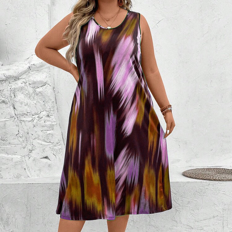Women's Plus Size Round Neck Sleeveless Colours Print Maxi Dress - Loose Fit Long Summer Dress