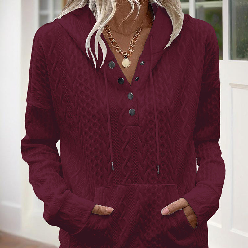 Women's V-Neck Solid Textured Long Sleeve Hoodie With Button Front & Kangaroo Pocket - Drawstring Hood Casual Pullover
