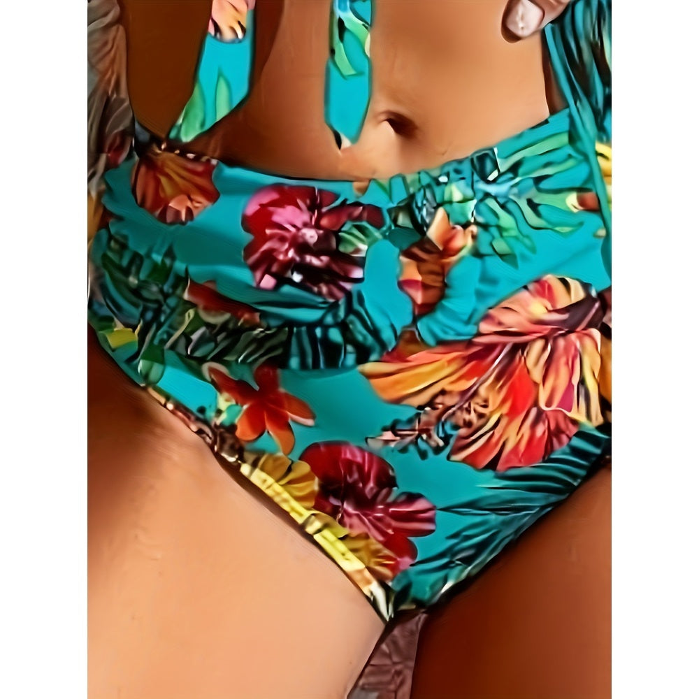Ladies' Tankini Beach Wear Three Piece Set Sun Protection Long Sleeved Knotted Flower Print Hot Spring Swimsuit